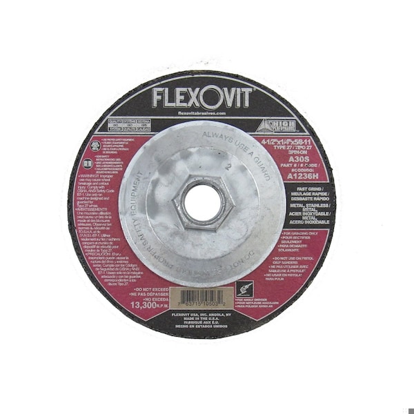 Flexovit HP Fast Grind Depressed Center Grinding Wheel, 4-1/2 in Dia x 1/4 in THK, A30S Grit, Aluminum Oxide A1236H - main